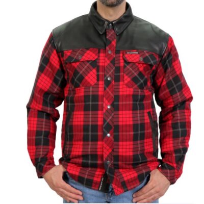 HOT LEATHERS JKM3201 MEN’S MOTORCYCLE STYLE RED KEVLAR REINFORCED LEATHER AND PLAID FLANNEL BIKER SHIRT