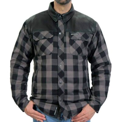HOT LEATHERS JKM3203 MEN’S MOTORCYCLE STYLE GREY AND BLACK KEVLAR REINFORCED LEATHER AND PLAID FLANNEL BIKER SHIRT